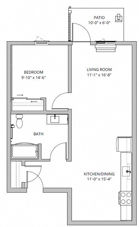 Floor plan for 1 bed, 1 bath, 709 sqft